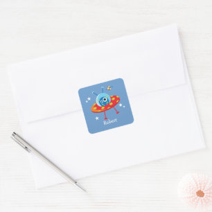 Personalized Cute Alien Spaceship Square Sticker