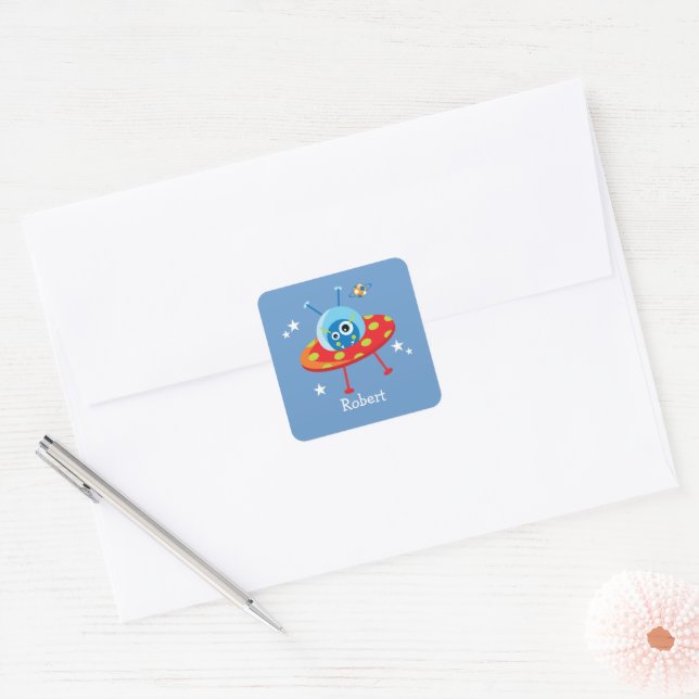 Personalized Cute Alien Spaceship Square Sticker (Envelope)