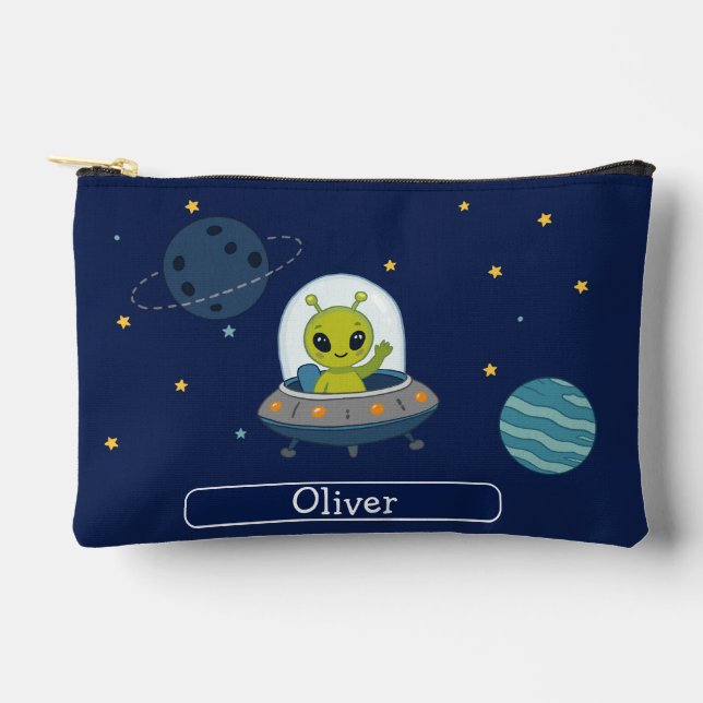 Personalized Cute Alien UFO Space Kids Accessory Pouch (Front)