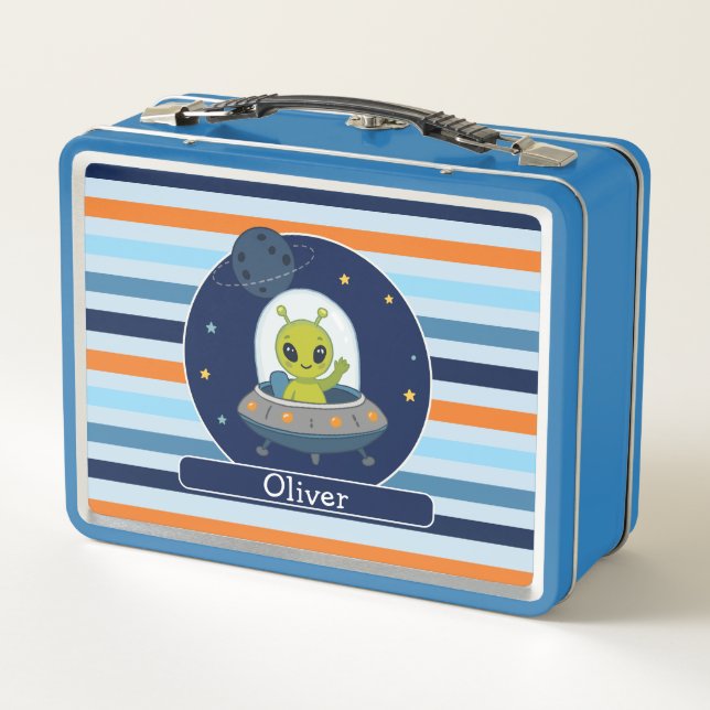 Personalized Cute Alien UFO Space Kids Metal Lunch Box (Back)