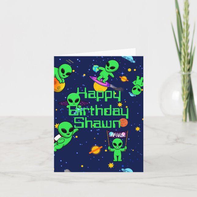 Personalized Cute Aliens in Space Card (Front)