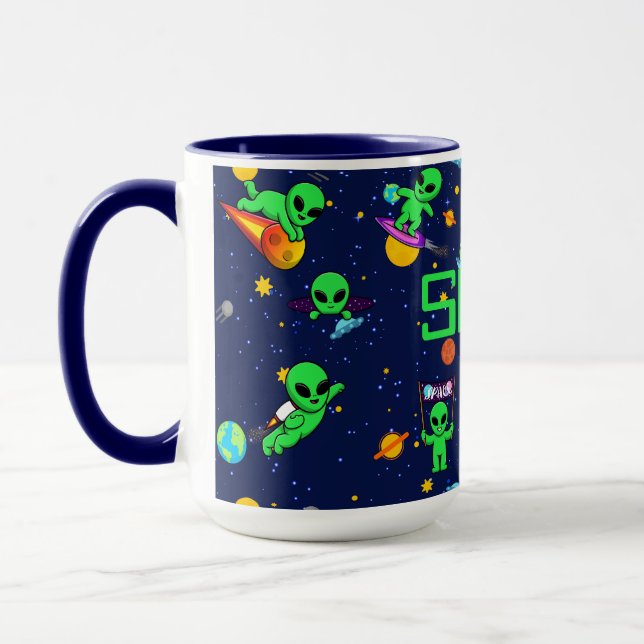 Personalized Cute Aliens in Space Mug (Left)