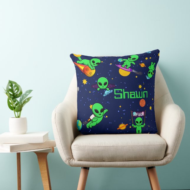 Personalized Cute Aliens in Space Throw Pillow (Chair)