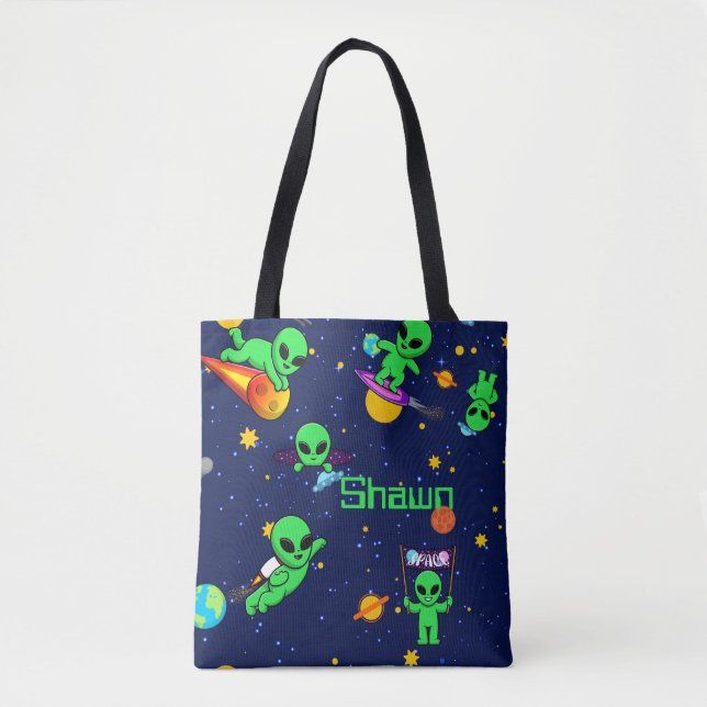 Personalized Cute Aliens in Space Tote Bag (Front)