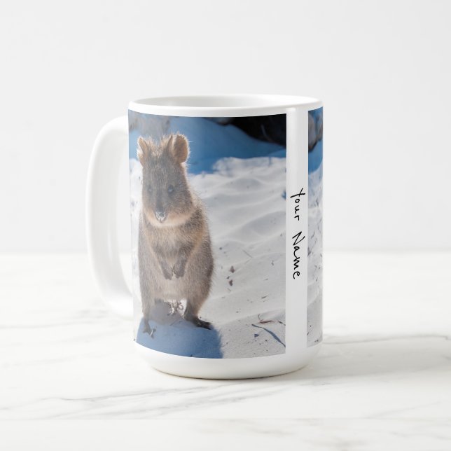 Personalized cute and happy quokka on the beach coffee mug (Front Left)