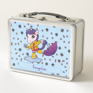 Personalized Cute and Simple Blue Floral Unicorn Metal Lunch Box