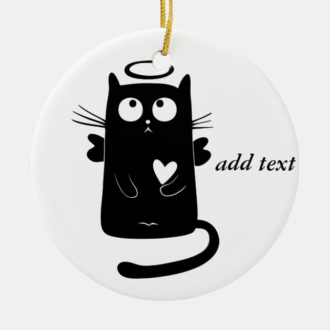 Personalized Cute Angel Black Cat Ceramic Ornament (Front)
