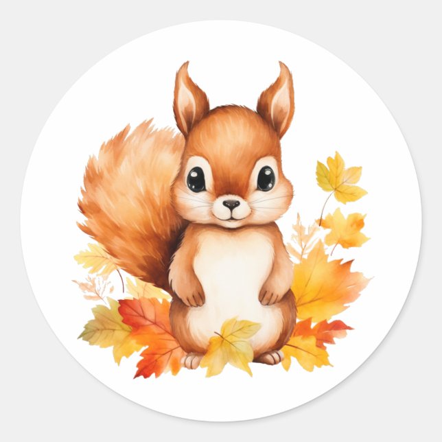 Personalized Cute Animal Squirrel Autumn Leaves  Classic Round Sticker (Front)