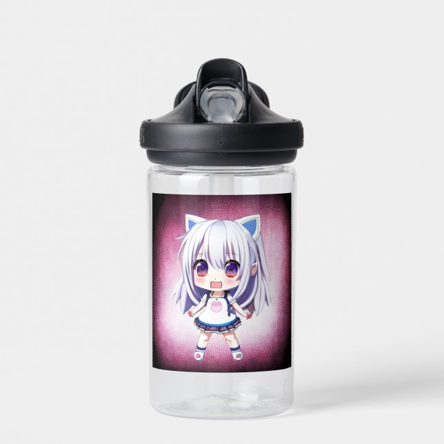 Personalized Cute Anime Girl Cat Ears Headband Water Bottle (Front)