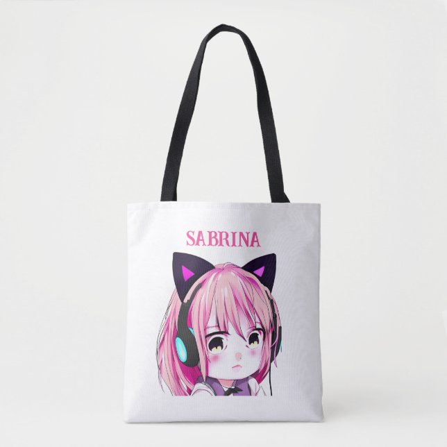 Personalized Cute Anime Girl with Cat Ears Tote Bag (Front)