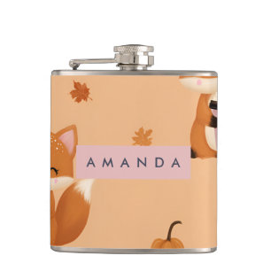 Personalized Cute Autumn Fox with Coffee Pattern Hip Flask