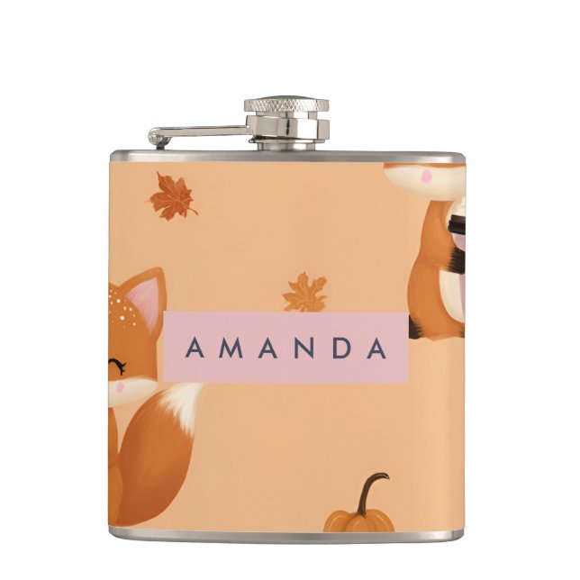 Personalized Cute Autumn Fox with Coffee Pattern  Hip Flask (Front)