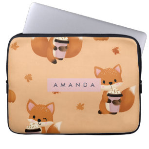 Personalized Cute Autumn Fox with Coffee Pattern  Laptop Sleeve