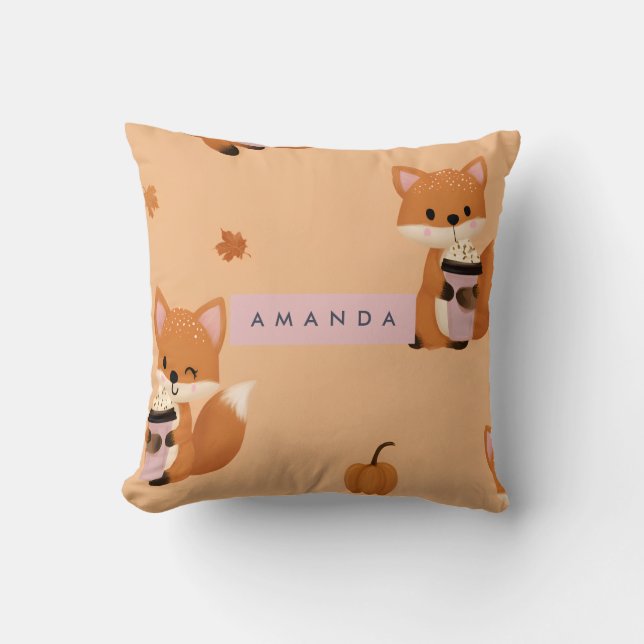 Personalized Cute Autumn Fox with Coffee Pattern  Throw Pillow (Front)