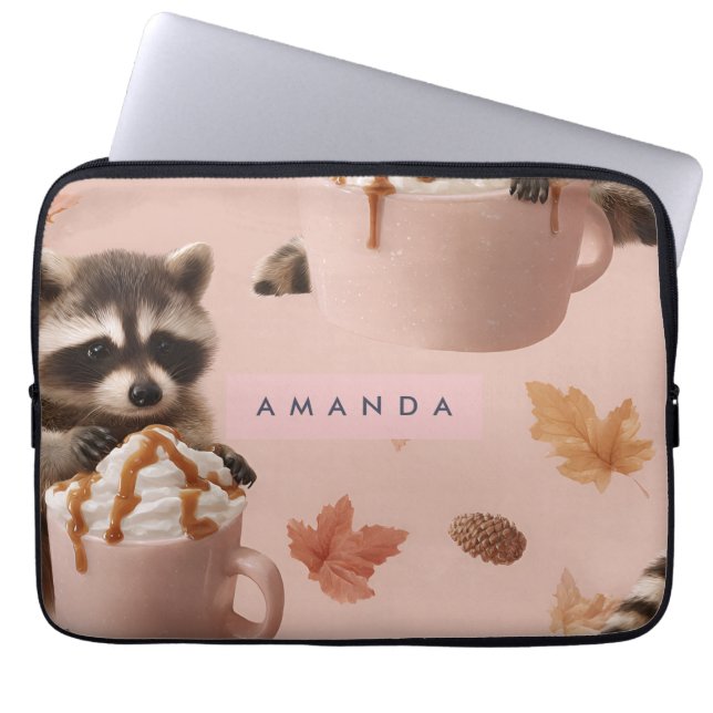 Personalized Cute Autumn Raccoon Pattern Laptop Sleeve (Front)