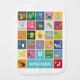 Personalized Cute Baby Animal Alphabet ABC Letters Burp Cloth