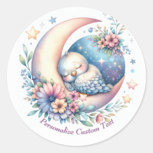 Personalized Cute Baby Bird Sleeping on Moon Classic Round Sticker