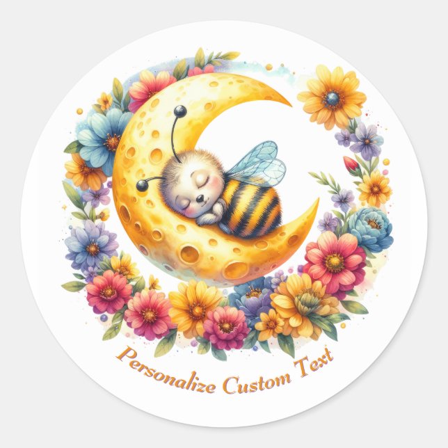 Personalized Cute Baby Bumble Bee Sleeping on Moon Classic Round Sticker (Front)