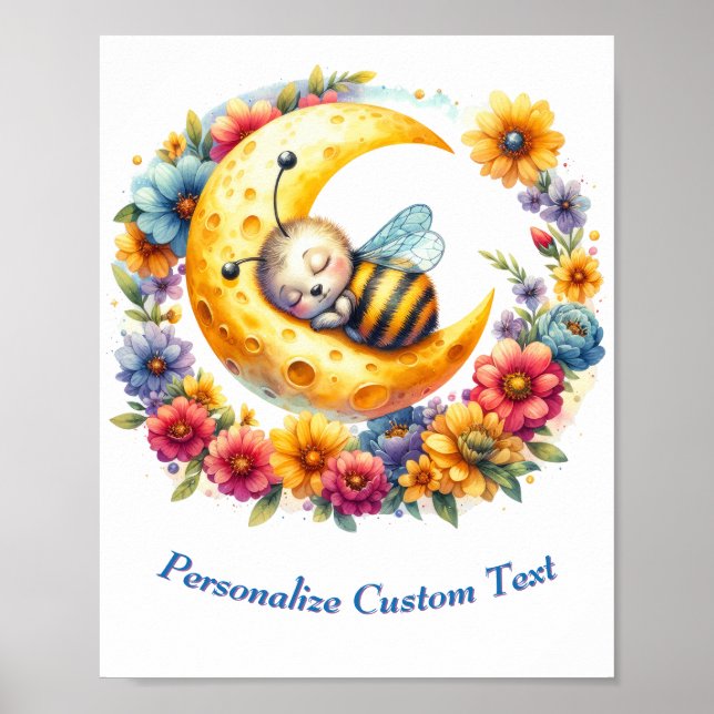 Personalized Cute Baby Bumble Bee Sleeping on Moon Poster (Front)