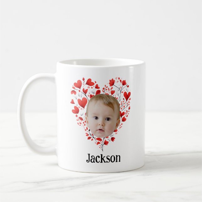 Personalized Cute Baby Face With Heart Pattern Coffee Mug (Left)