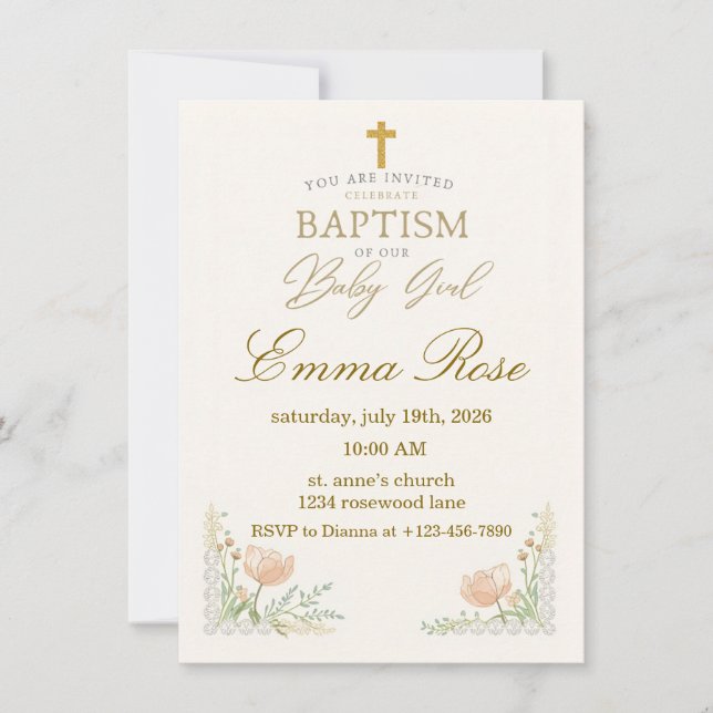 Personalized Cute Baby Girl Baptism  Invitation (Front)