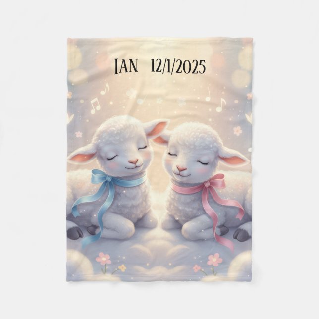 Personalized Cute Baby Lambs on a cloud Fleece Blanket (Front)