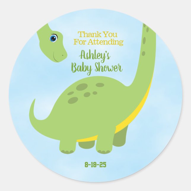 Personalized Cute Baby Shower Dino Thank You   Classic Round Sticker (Front)