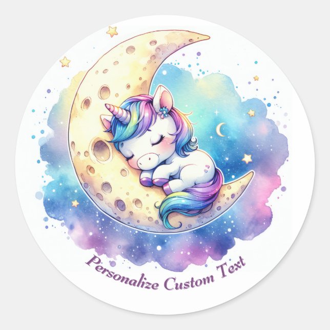 Personalized Cute Baby Unicorn Sleeping on Moon Classic Round Sticker (Front)