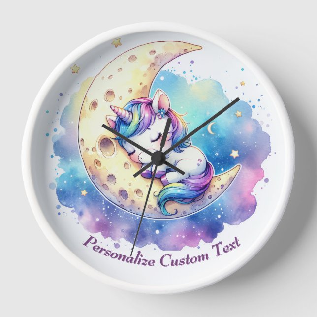 Personalized Cute Baby Unicorn Sleeping on Moon Clock (Front)