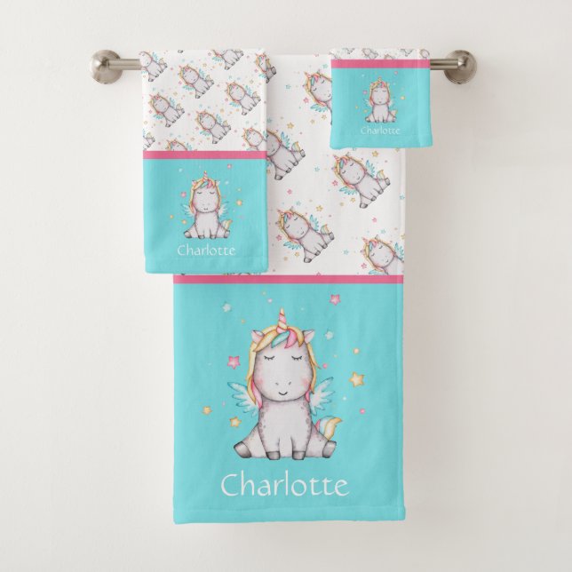 Personalized Cute Baby Unicorns Pink & Teal Bath Towel Set (Insitu)