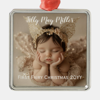 Personalized Cute Baby's First Fairy Christmas Metal Ornament