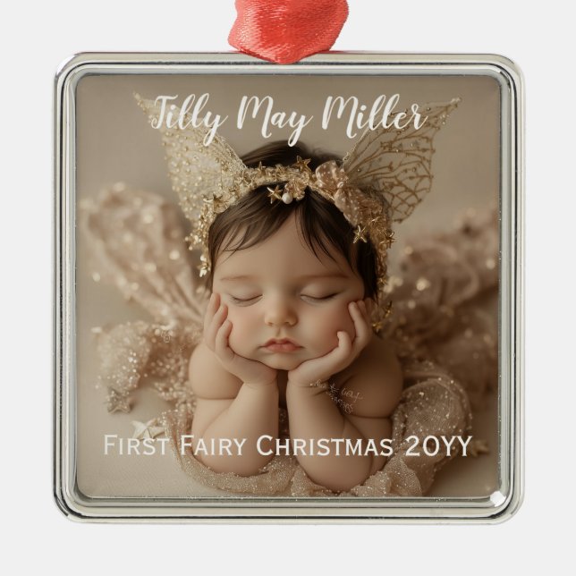 Personalized Cute Baby's First Fairy Christmas Metal Ornament (Front)