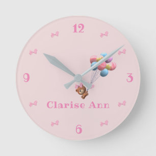 Personalized Cute Bear and Balloons Round Clock