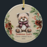 Personalized Cute Bear Baby's First Christmas Ceramic Ornament<br><div class="desc">Add a touch of festive cheer to your holiday decor with this charming Christmas ornament featuring a cute, illustrated teddy bear for baby's first Christmas. Perfect for adding a whimsical touch to your tree, this ornament showcases delightful artwork that captures the spirit of the season. It's customizable and editable for...</div>