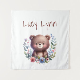 Personalized Cute Bear Cub Nursery Wall Art Tapestry