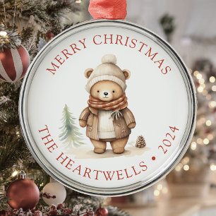 Personalized Cute Bear Merry Christmas Metal Ornament