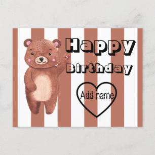 Personalized cute bear stripes birthday postcard