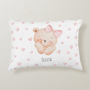 Personalized Cute Bear with pink Hearts Accent Pillow