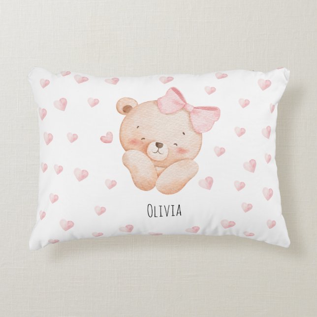Personalized Cute Bear with pink Hearts  Accent Pillow (Front)