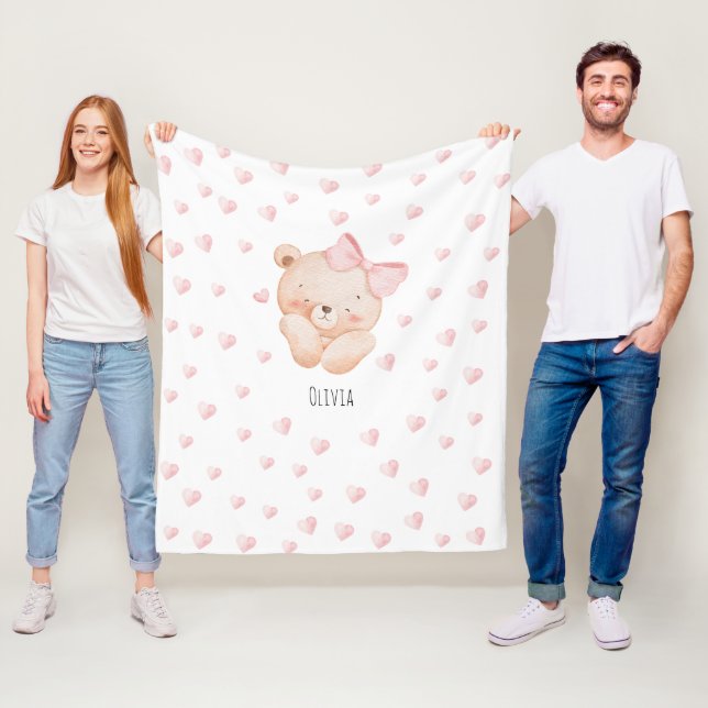 Personalized Cute Bear with pink Hearts  Fleece Blanket (In Situ)