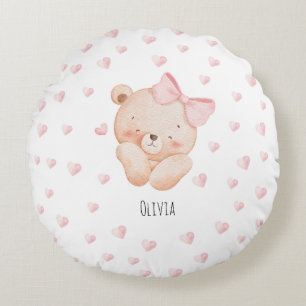 Personalized Cute Bear with pink Hearts  Round Pillow