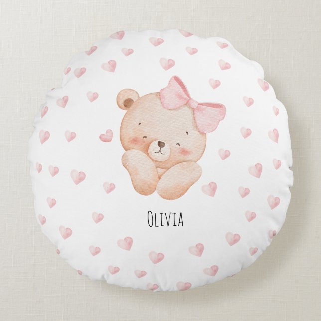 Personalized Cute Bear with pink Hearts  Round Pillow (Front)