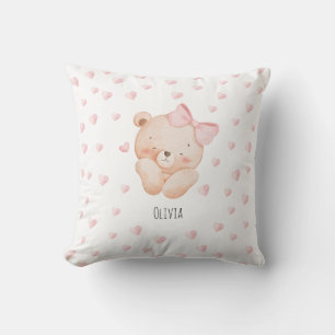 Personalized Cute Bear with pink Hearts Throw Pillow
