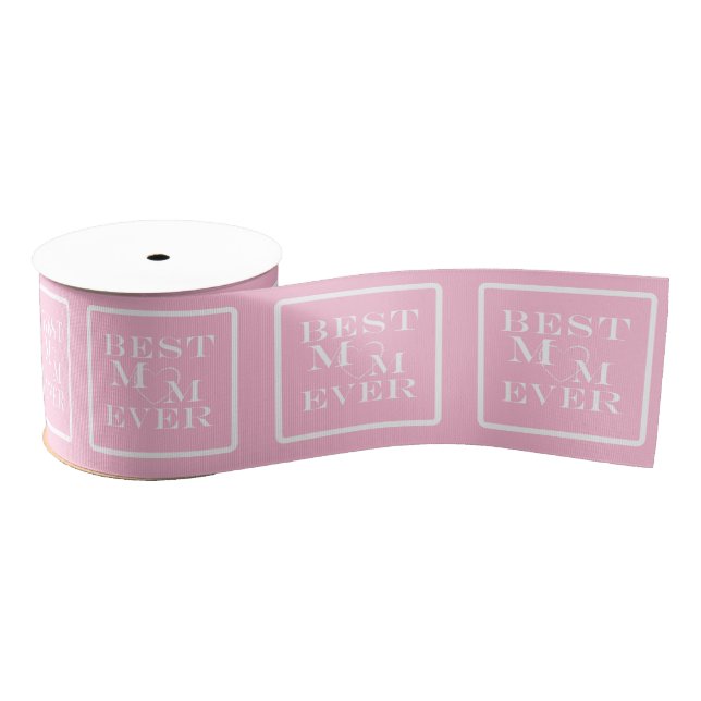 Personalized Cute "Best Mom Ever" White Heart Pink Grosgrain Ribbon (Spool)