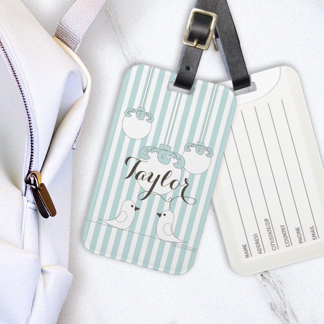 Personalized Cute Birds Baby Blue Stripe  Luggage Tag (Creator Uploaded)