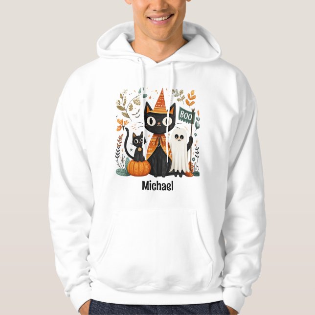Personalized Cute Black Cat & Ghost Halloween Hoodie (Front)