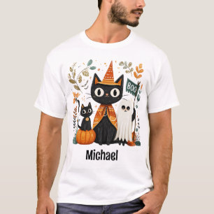 Personalized Cute Black Cat & Ghost Halloween T-Shirt