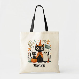 Personalized Cute Black Cat & Ghost Halloween Tote Bag