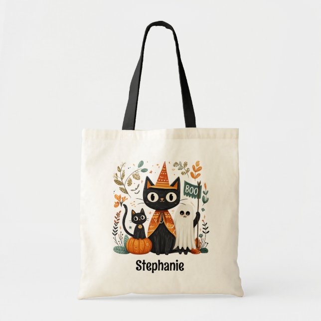 Personalized Cute Black Cat & Ghost Halloween Tote Bag (Front)