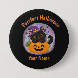 Personalized Cute Black Cat Halloween Button